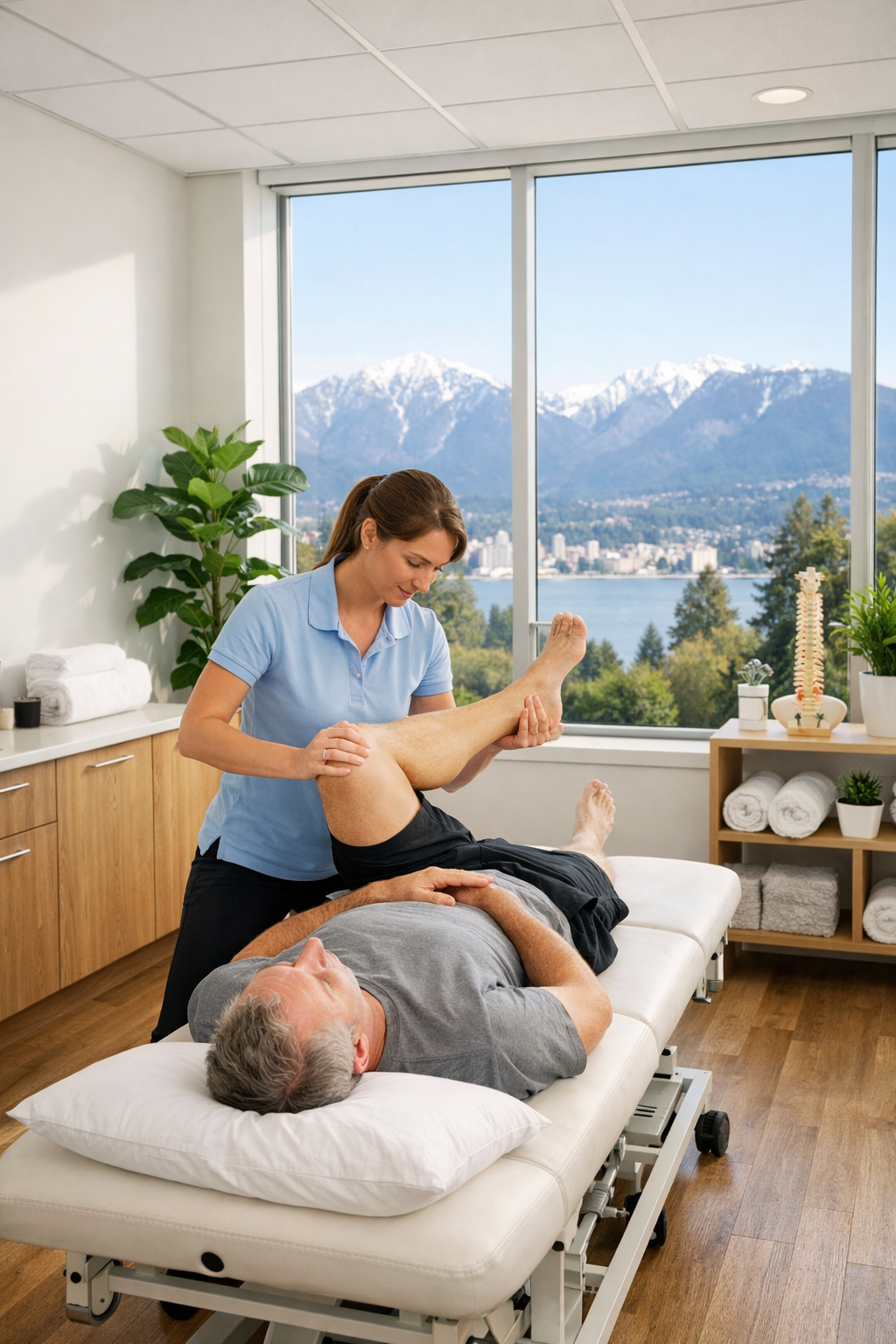 Inside an Envision Physiotherapy treatment room in Vancouver, set up for one-on-one care